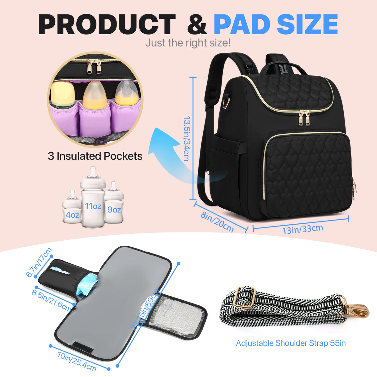Foldable 4-in-1 Diaper Bag Backpack with Changing Pad