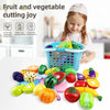 A young girl is shown cutting various fruits and vegetables using a colorful toy set and a basket of produce.