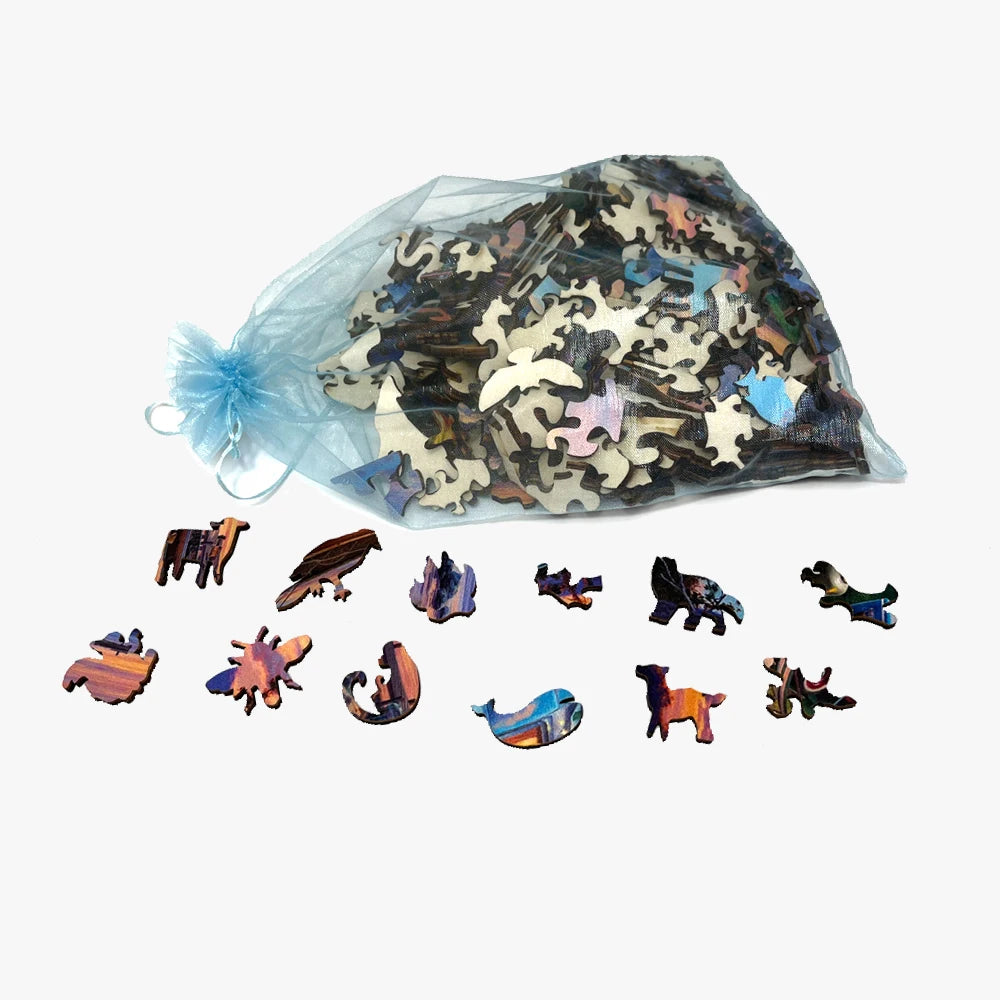 A wooden jigsaw puzzle featuring irregular animal-shaped pieces, including various birds and mammals.