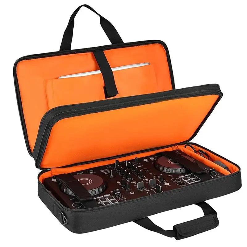 Orange padded case for a DJ controller with adjustable dividers and carrying strap