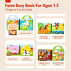 A colorful farm busy book for ages 1-3 featuring nine pages of fun activities like numbers and move, livestock, and harvestin