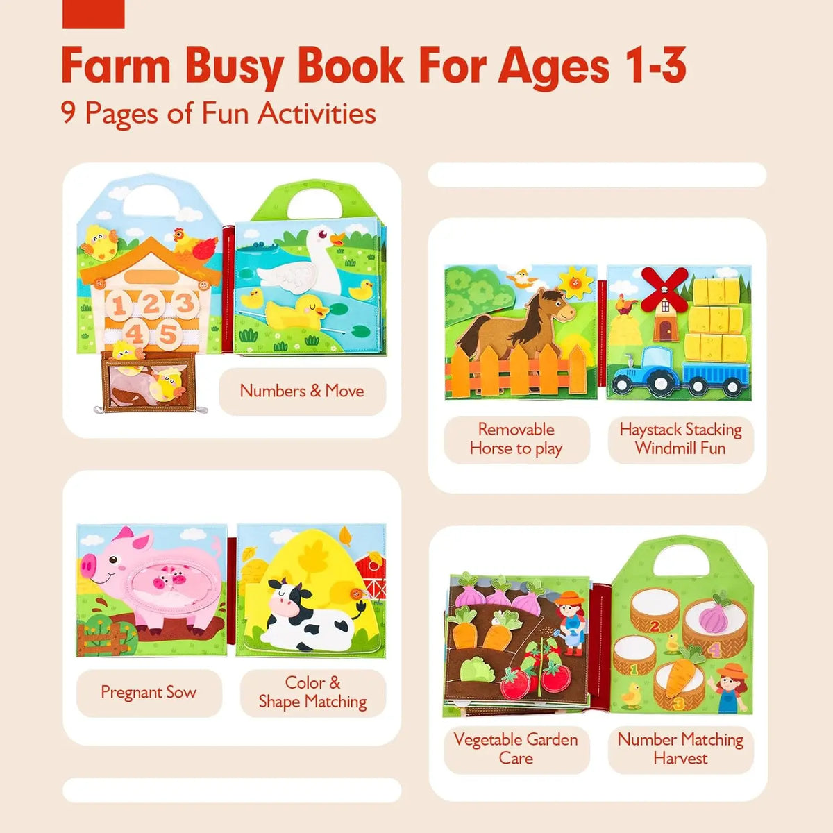 A colorful farm busy book for ages 1-3 featuring nine pages of fun activities like numbers and move, livestock, and harvestin