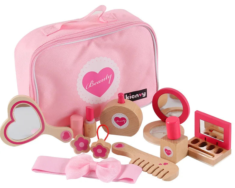 Wooden Pretend Play Makeup Set with Dressing Table & Makeup Bag