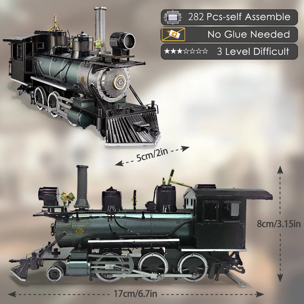 A detailed model kit of a black steam locomotive, 282 pieces, ready for self-assembly.