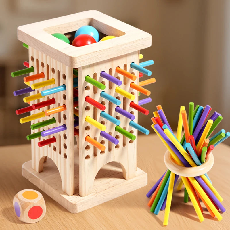 A wooden counting stick toy with colored rods is displayed next to a small wooden balance toy.
