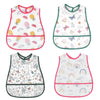 A set of four cute cartoon waterproof baby bibs in various patterns and colors.