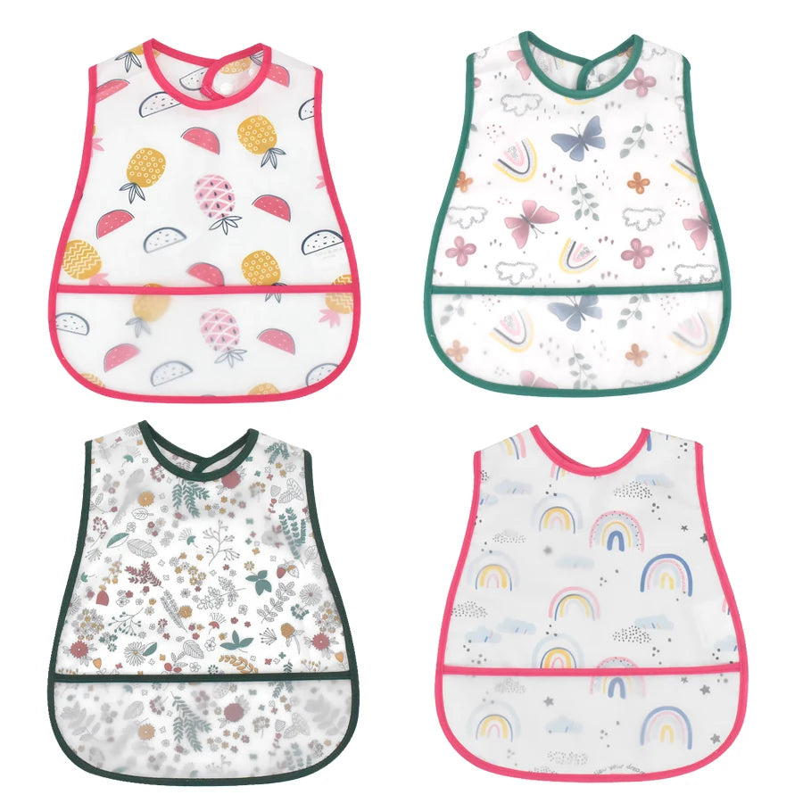 A set of four cute cartoon waterproof baby bibs in various patterns and colors.