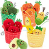A colorful sensory fruit and veggie sorting set featuring crinkle textures of various fruits and vegetables in small baskets.