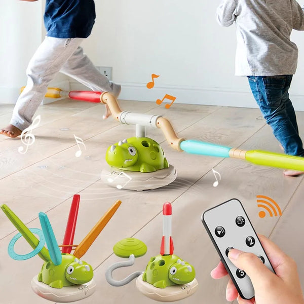 A set of three green dinosaur sport training toys including a foam paddle and a handheld device for children's exercise.