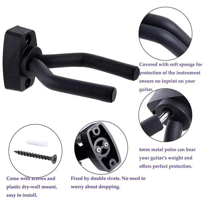 Black guitar wall mount hanger with soft sponge padding and metal poles for protection