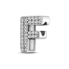 A sterling silver alphabet charm featuring an F, encrusted with cubic zirconia stones.