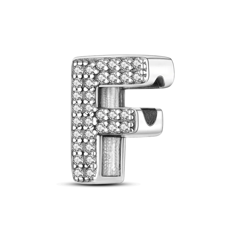 A sterling silver alphabet charm featuring an F, encrusted with cubic zirconia stones.
