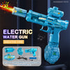 A blue electric water gun with a simulated flame effect and magazine, shown in a close-up view.