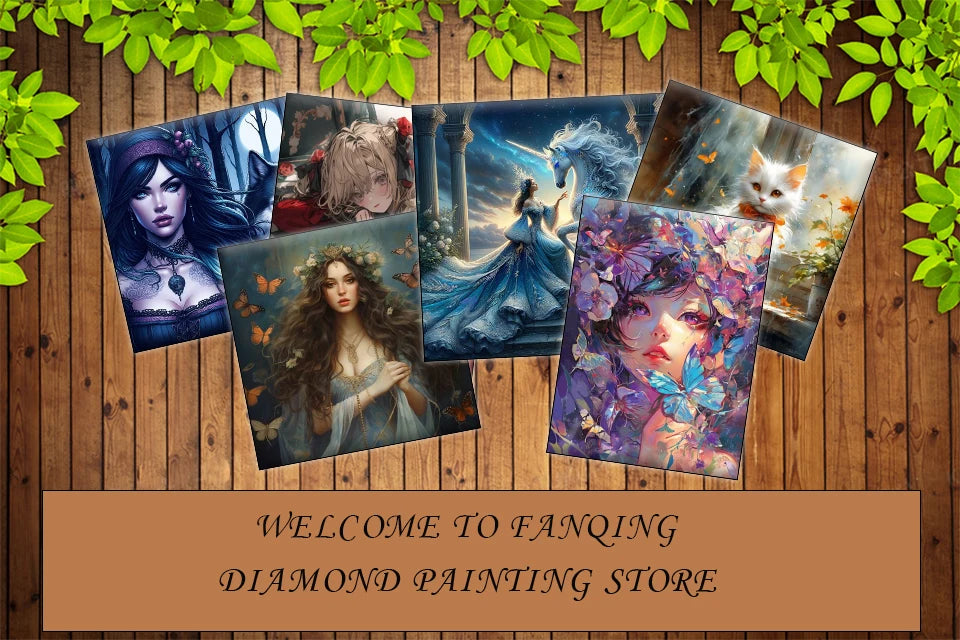 A collection of diamond painting art featuring various cartoon girls and floral themes.