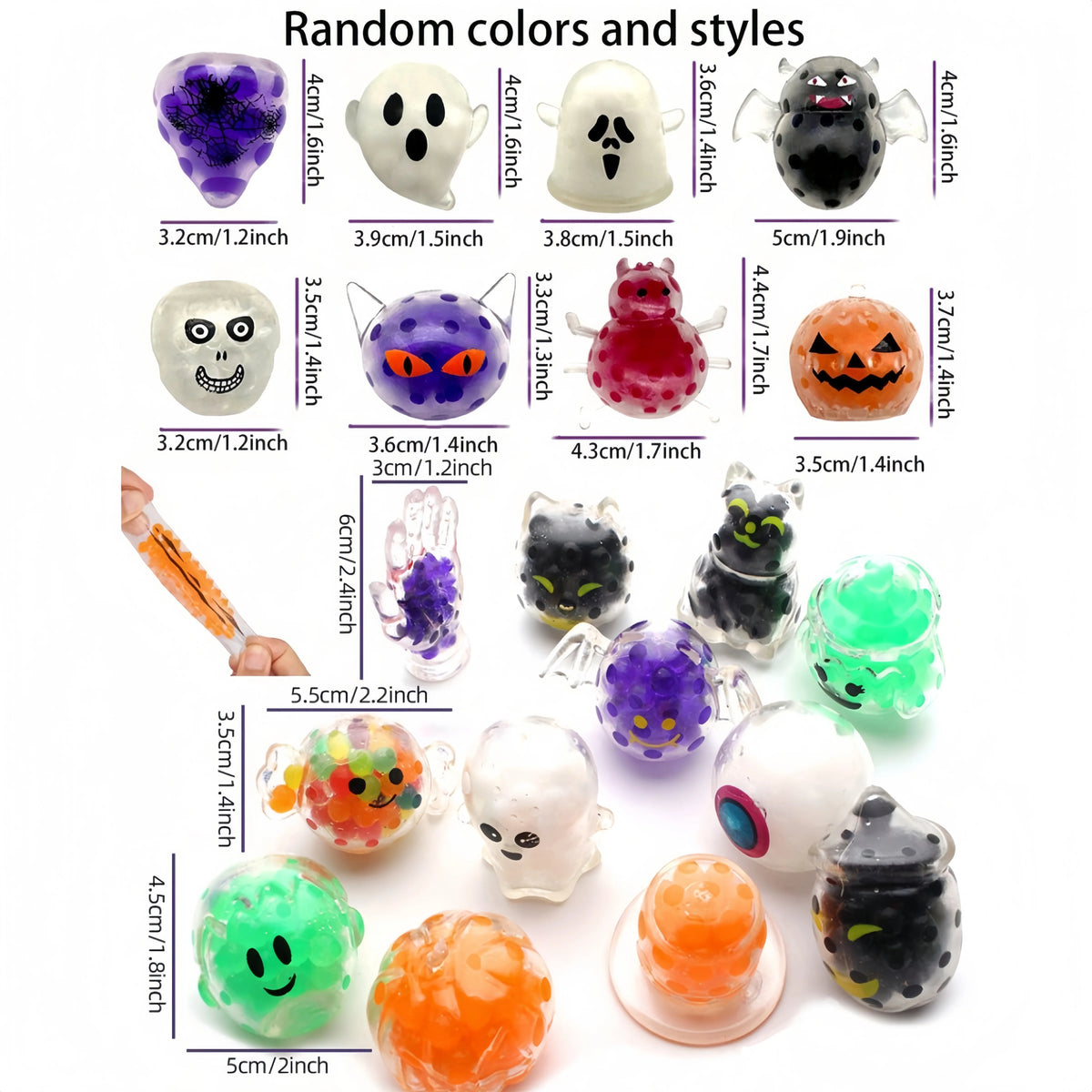A collection of five Halloween themed squeeze stress balls in various colors and styles.