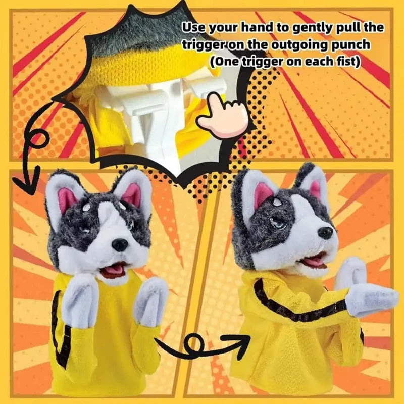 A yellow husky puppet is shown with instructions on how to use the trigger for an outgoing punch.