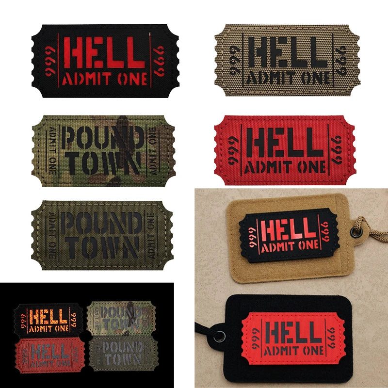 A collection of tactical reflective hook-and-loop patches featuring the text HELL ADMIT ONE and POUND TOWN on various colored