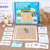 A box of a multiplication board game with wooden cards and a wooden multiplication grid on a table.
