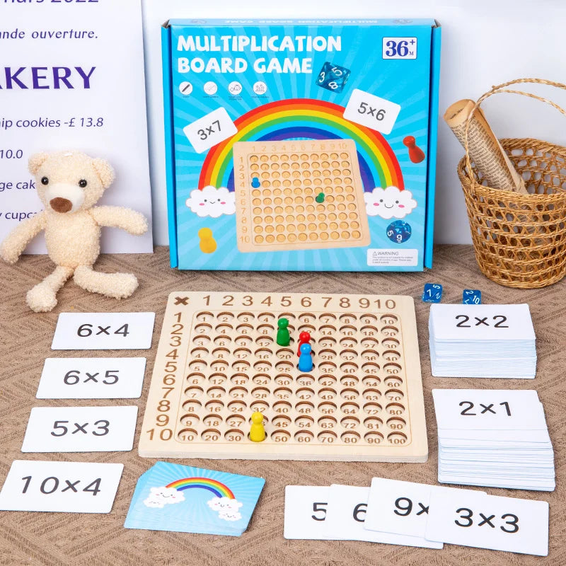 A box of a multiplication board game with wooden cards and a wooden multiplication grid on a table.
