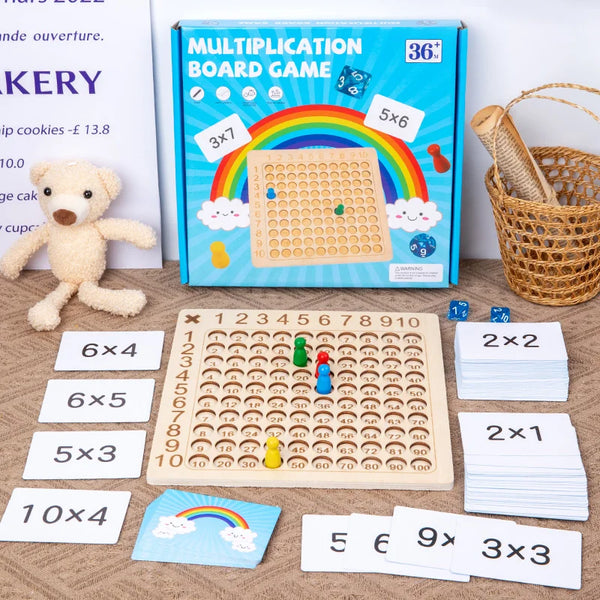 A box of a multiplication board game with wooden cards and a wooden multiplication grid on a table.