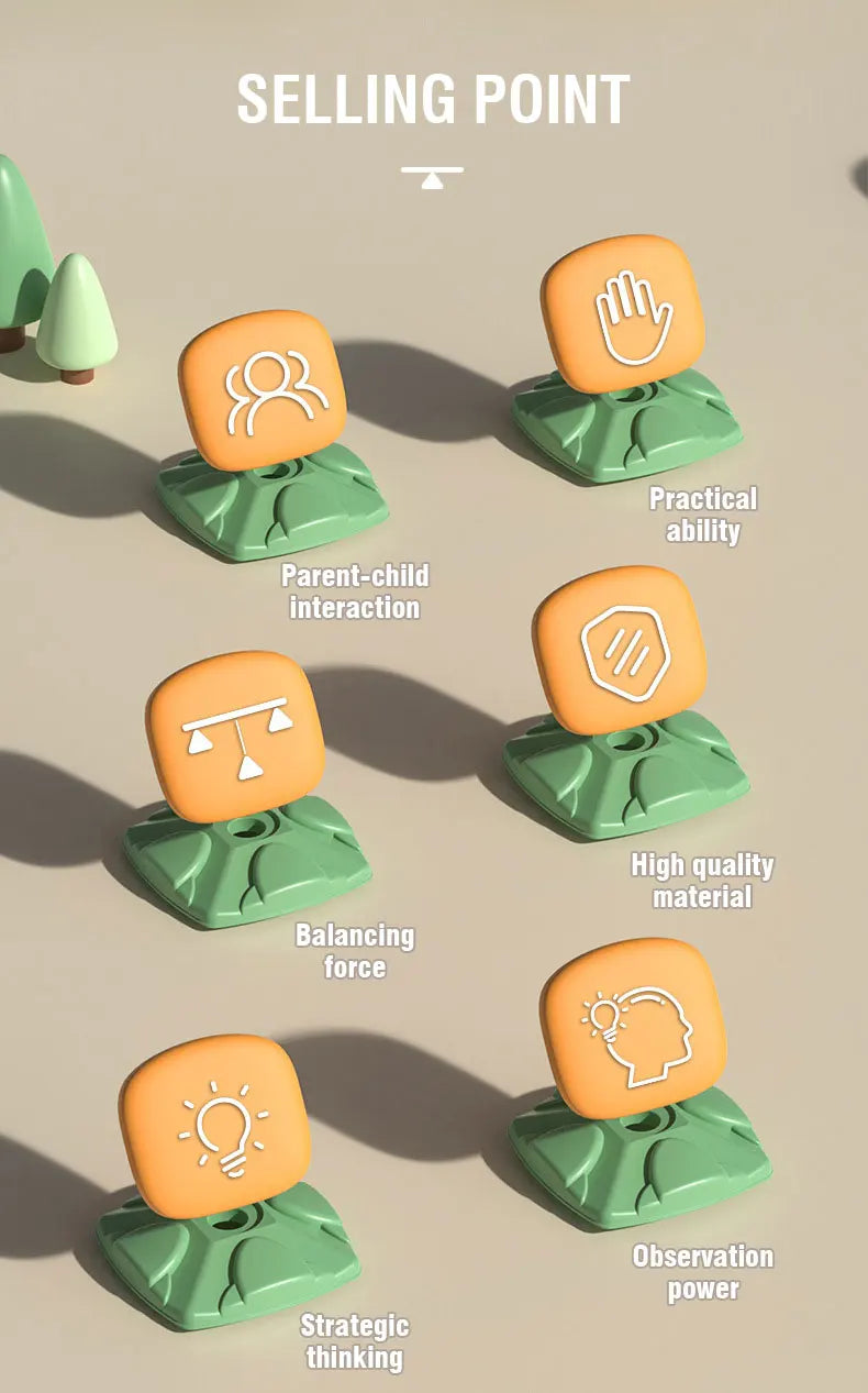 A set of five orange and green plastic game pieces illustrating different skills like practical ability, interaction, materia