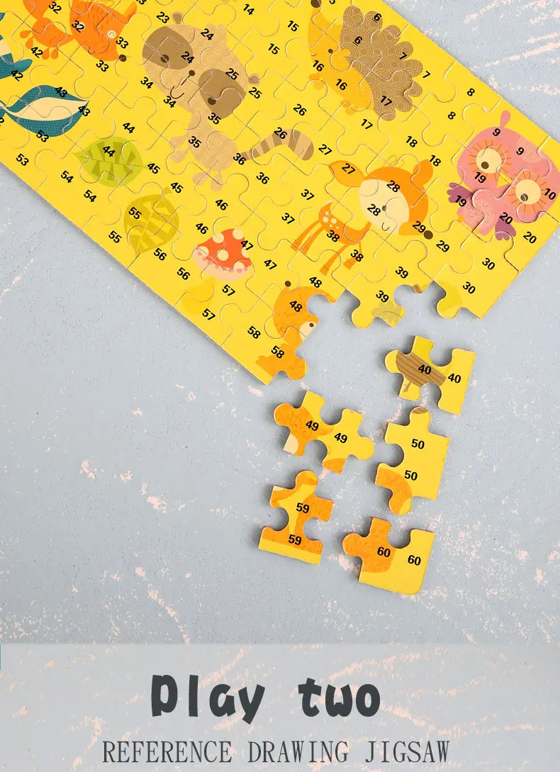 A partially completed 60-piece wooden jigsaw puzzle featuring various animals and vehicles on a light blue background.