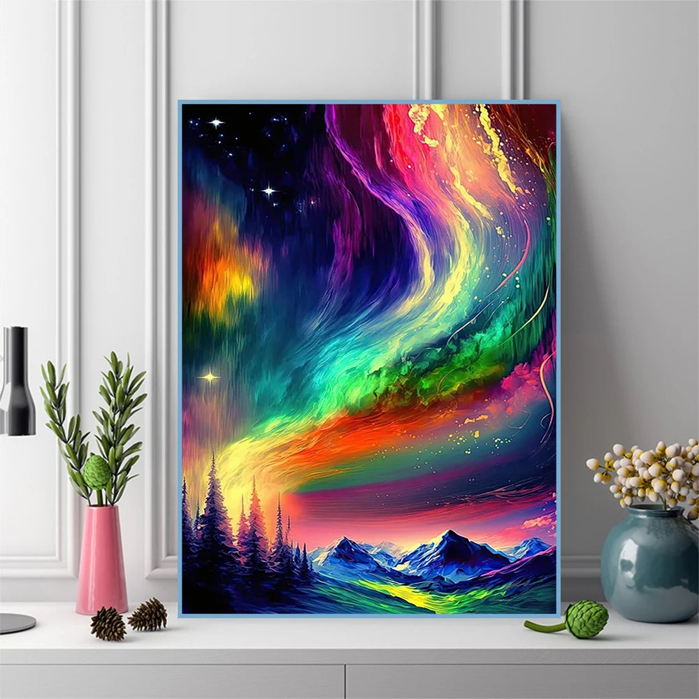 A vibrant painting of an aurora landscape featuring swirling colors like purple, green, and orange against a dark night sky.