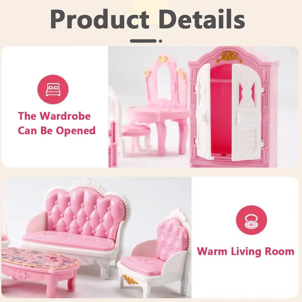 Pink miniature dollhouse furniture set including a wardrobe, chair, and sofa for a warm living room display