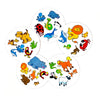 A collection of colorful animal figures in individual circular cards for a family fun game.