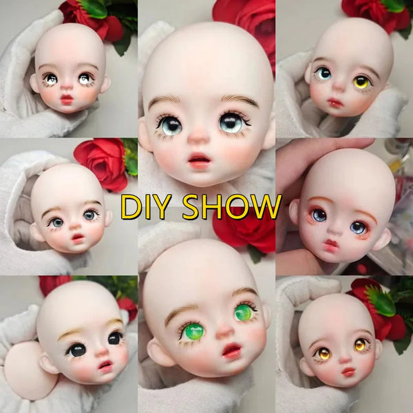 A close-up display of several realistic, baby-faced BJD dolls with large blue and green eyes, held in a white cloth.