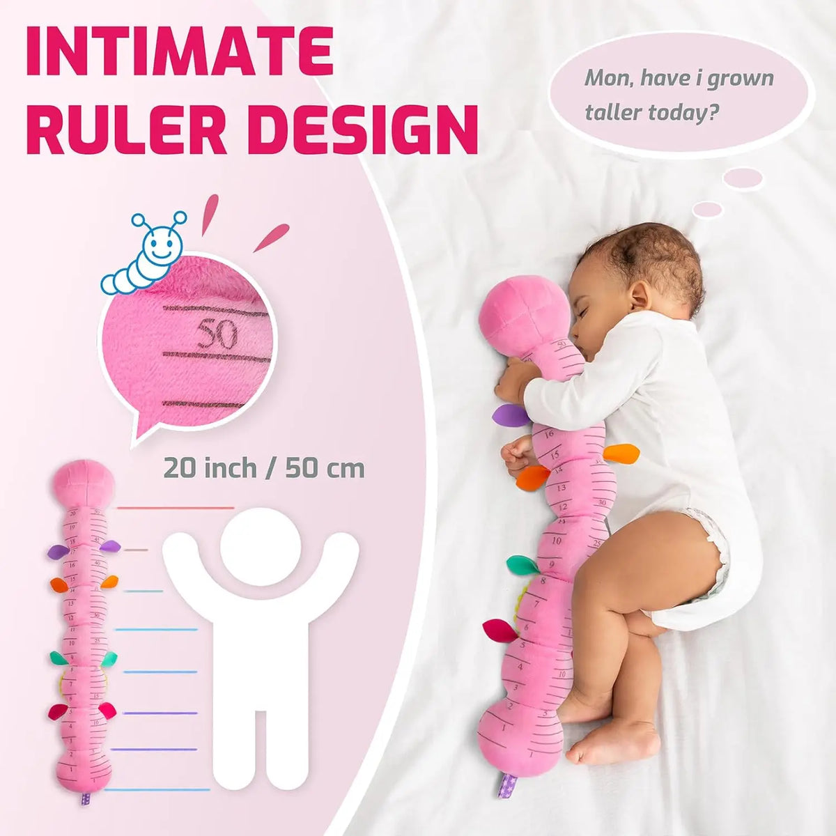 A pink soft musical ruler design rattle toy with a caterpillar shape is shown next to a baby.