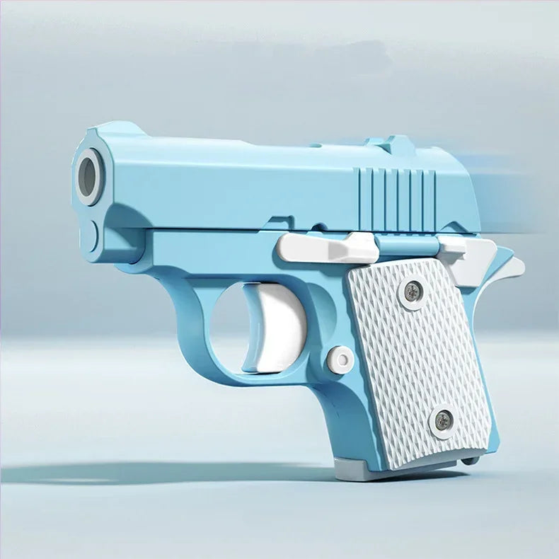 A light blue fidget pistol toy with a burst slide action mechanism is shown from the side.