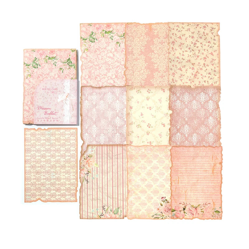 A collection of vintage pink and cream patterned paper sheets for journaling and scrapbooking.