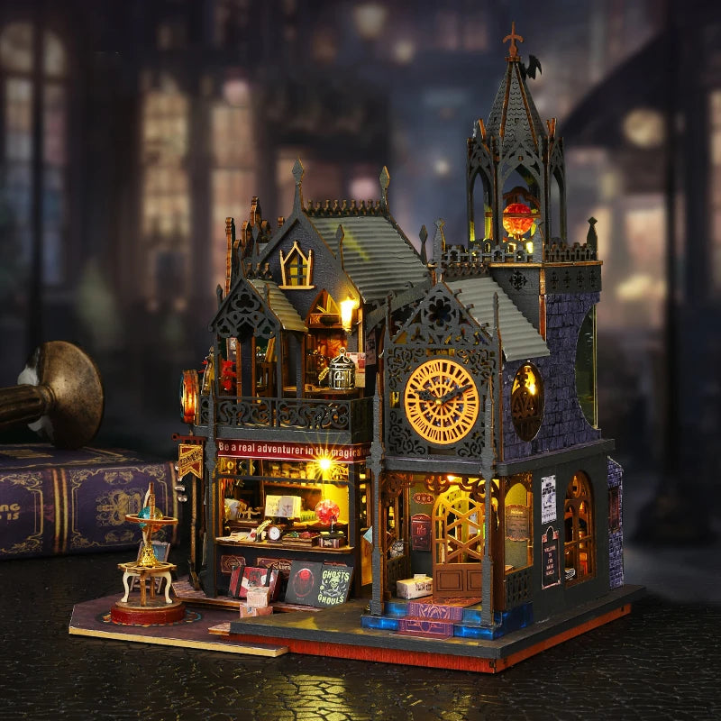 A detailed wooden 3D puzzle dollhouse kit of a magical city castle with intricate architecture and glowing features.
