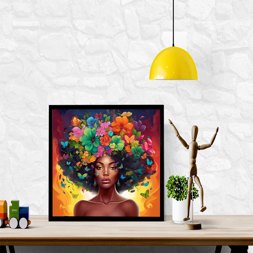 A vibrant painting of an African woman's face with a full floral crown, displayed on a wall above a wooden table.
