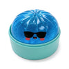 A blue glitter shark dumpling squishy fidget toy with a clear steamer box.