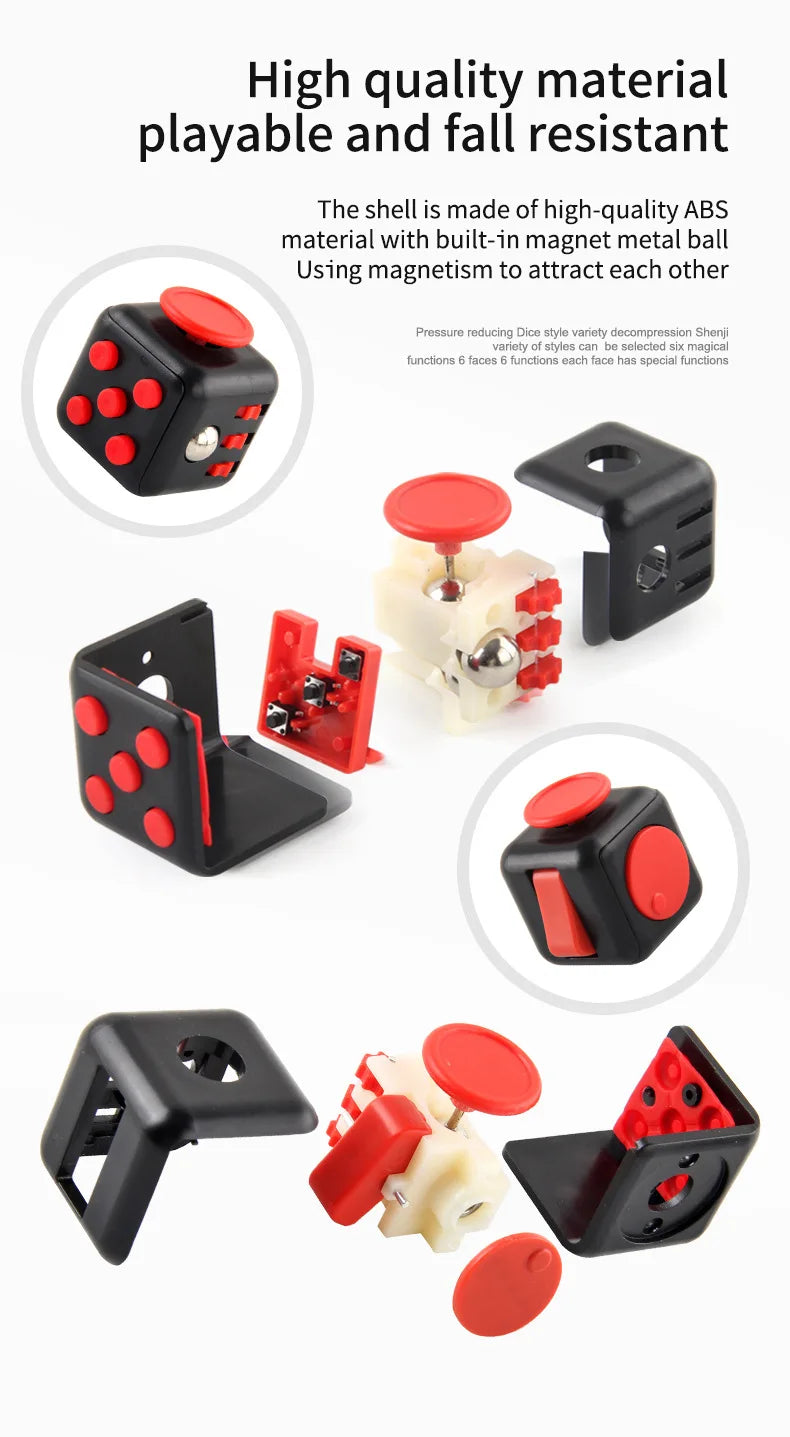 A set of black and red fidget cubes with magnetic buttons and a rotating joystick for tactile stimulation.