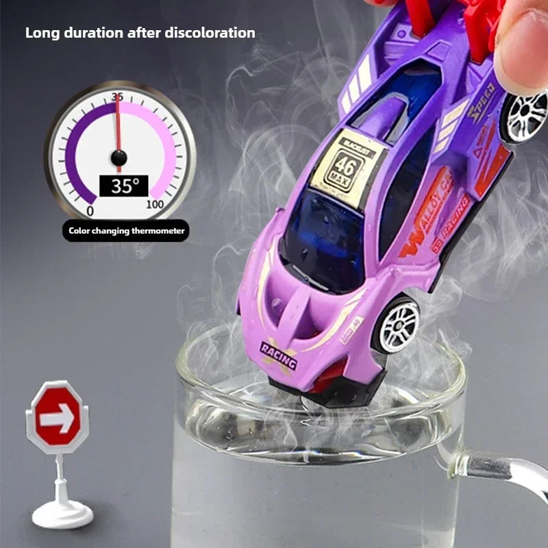 A purple pull-back racing car is shown above a thermometer, demonstrating its color changing feature.