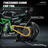 A black motorcycle model demonstrating a thickened chain car tail feature with a simulated chain and stable bracket.