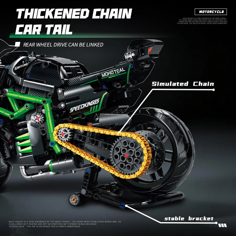 A black motorcycle model demonstrating a thickened chain car tail feature with a simulated chain and stable bracket.