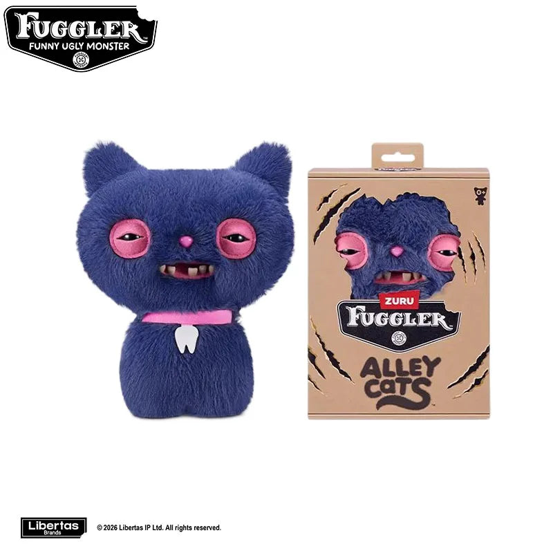 A plush toy of a blue monster with pink eyes and teeth, packaged in a brown box.