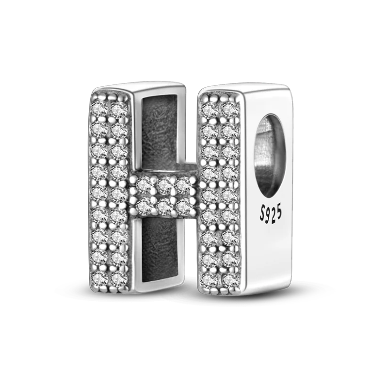 A sterling silver alphabet charm featuring a letter H encrusted with cubic zirconia stones.