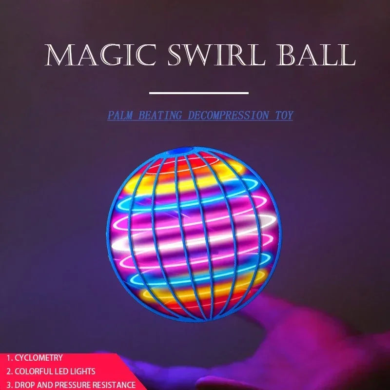 A glowing, multicolored sphere is held in a hand against a dark background.