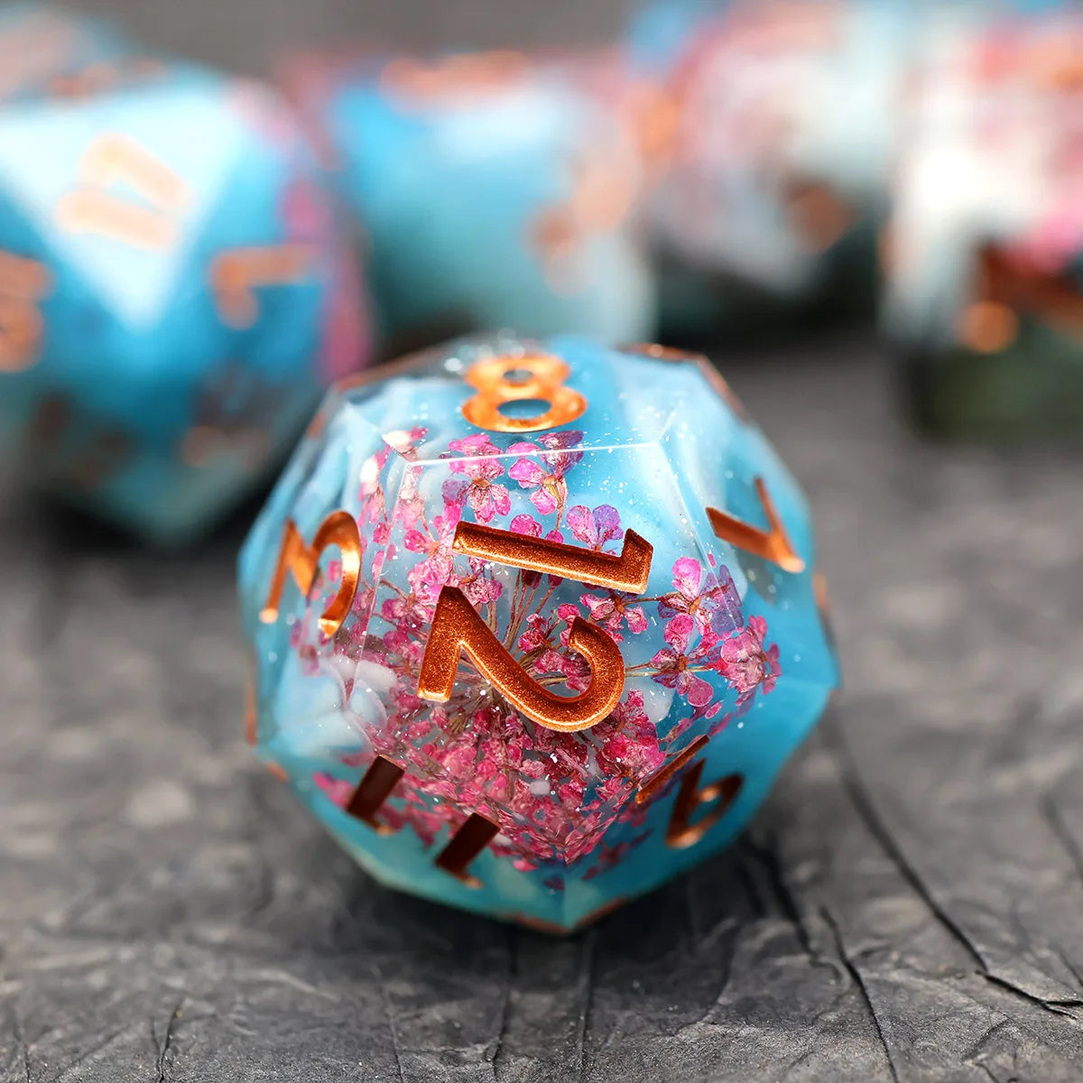 Handmade Resin D&D Dice Set – 7 Polyhedral Dice with Floral Design