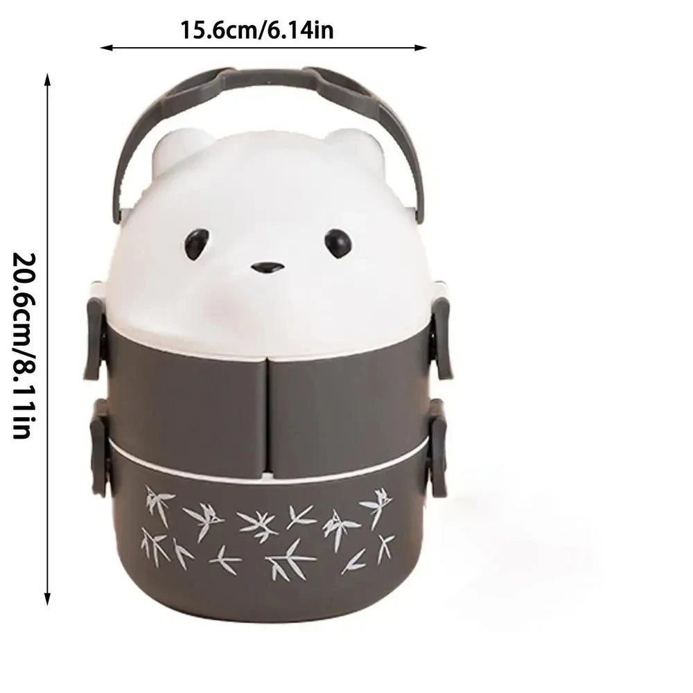 A stackable bento lunch box shaped like an adorable bear, featuring a white top and dark gray base with decorative lines.