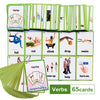 A set of 65 green and pink flashcards featuring action verbs like dance, fall, cut, climb, drop, swim, and help.