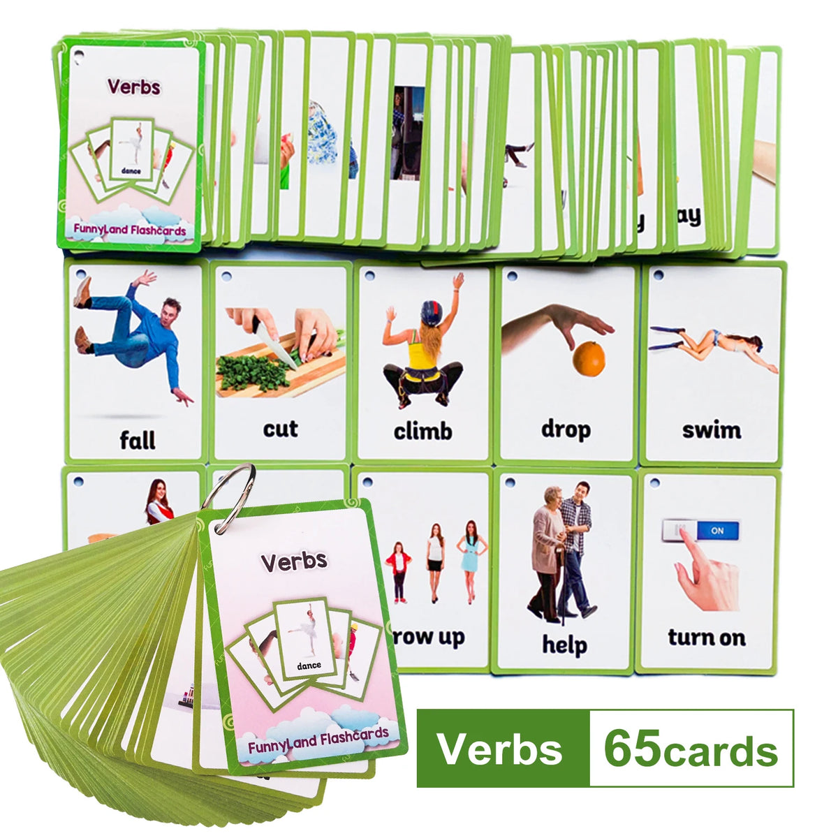 A set of 65 green and pink flashcards featuring action verbs like dance, fall, cut, climb, drop, swim, and help.