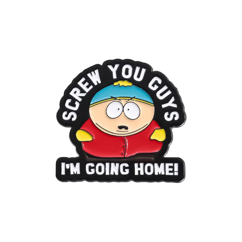 An enamel pin featuring a cartoon character with blue hair and a red jacket, with the text SCREW YOU GUYS and I'M GOING HOME!