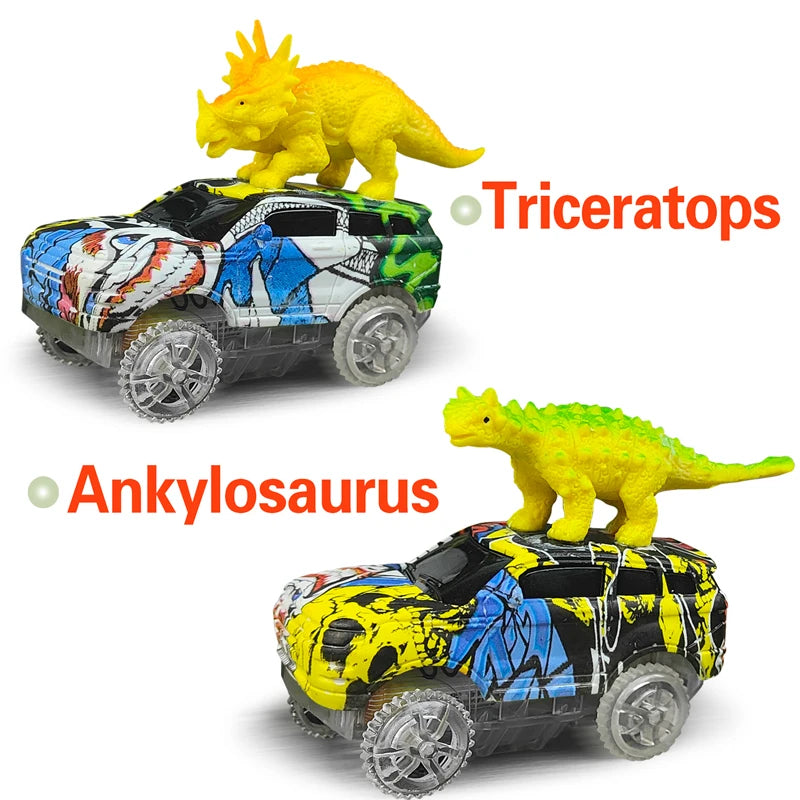A yellow Tyrannosaurus Rex dinosaur climbing car track set with flashing lights and an Ankylosaurus dinosaur model.