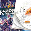 Anime girls coloring book featuring Lumi, Mila, and Zoi hunters with a K-Pop Girl Group theme